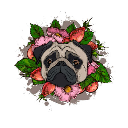 Cute pug with floralのイラスト素材