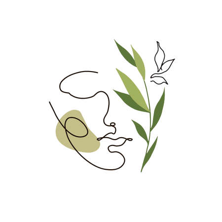 Collage portrait of young woman continuous line collage with tropical plants in minimalist, abstract trendy style on pink background for modern beauty fashion concept.のイラスト素材