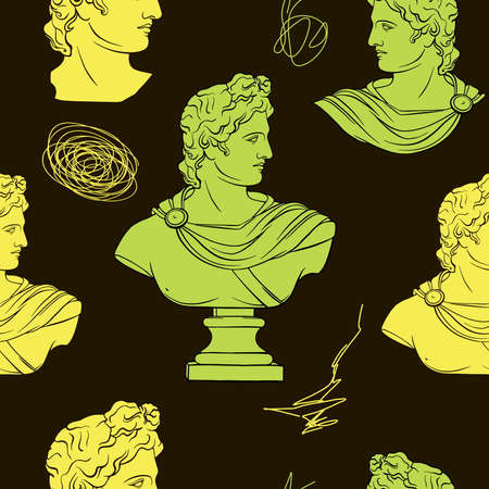 Apollo Geometric plaster head of a statue. Minimalistic bright color collage. Creative seamless wallpaper. hand drawn style image of a handsome man. Vector illustration, fabric print composition.のイラスト素材