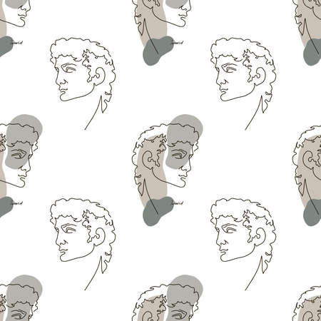Seamless pattern with ancient greek sculptures. Linear head of David. God antique statue. Trendy vector illustration in one line drawing style.のイラスト素材