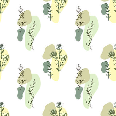 Seamless pattern design with floral elements and abstract shapes. Boho style. Vector illustration.のイラスト素材