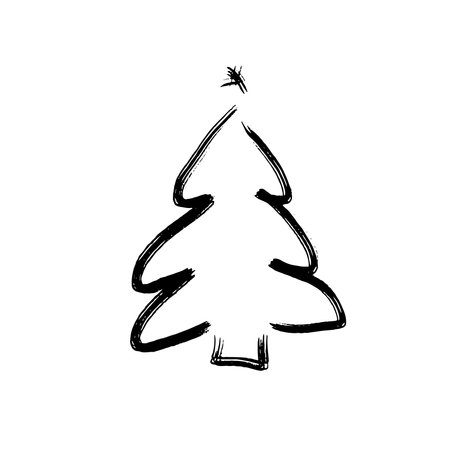 Hand drawn Christmas tree isolated on a white background. Ink vector illustration. Abstract vector line. Modern brush calligraphy.のイラスト素材