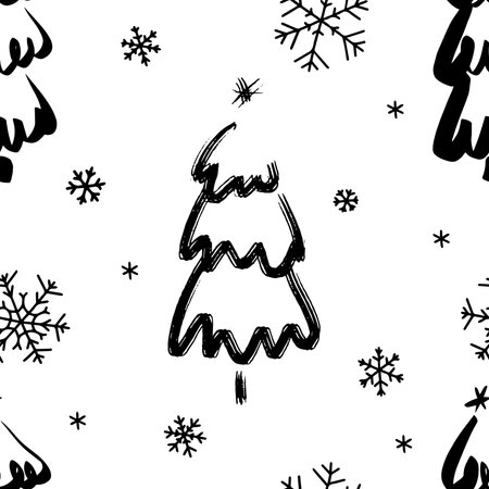Seamless Christmas background with decorative Christmas trees and snowflakes, monochromeのイラスト素材