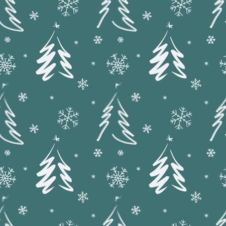 Christmas seamless pattern icons on red background with decorative Christmas trees and snowflakes. vectorのイラスト素材