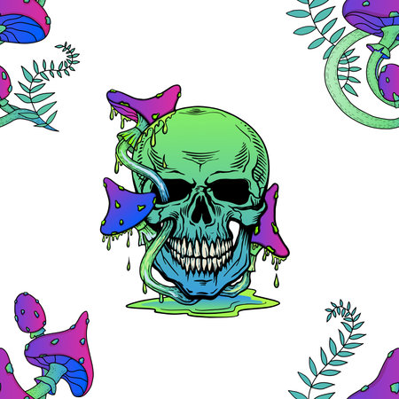 Seamless pattern with skulls and fly agarics. Vector graphics.のイラスト素材