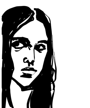 Head of a young woman. Outline hand drawn doodle. Black silhouette on a white background.のイラスト素材