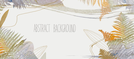 Modern abstractionism horizontal botanical pastel background vector. Luxurious wallpaper with watercolor pink and earth tones, leaves, flowers, herbs and gold. Minimal design for text, packaging, prints, wall decoration.のイラスト素材