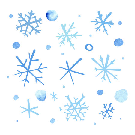 Collection of hand drawn doodle watercolor snowflakes isolated on white background. Vector illustrationのイラスト素材