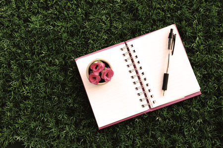 notepad and pen are on artificial turf decorate with small vase.image in vintage toneの写真素材