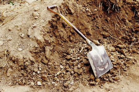 an old spade is on the soil heap