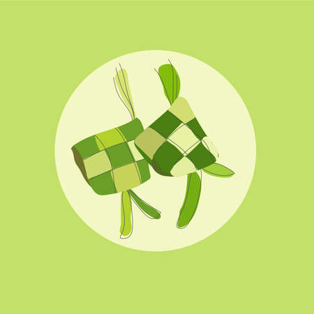 Ketupat Vector Icon flat Illustration. Ramadan Food Icon Concept Vector. Ramadan green ketupat. Ketupat is a Javanese rice cake packed inside a diamond-shaped container of woven palm leaf pouch.のイラスト素材