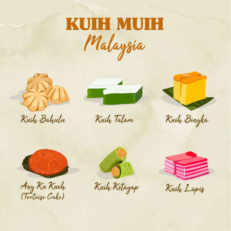 Traditional kuih muih Malaysia, Singapore, Indonesia. Kueh tradisional. Malay and Peranakan. Kuih bahulu. Kuih talam. Bingka ubi. Ang ku kueh. Ang ku. Ketayap. Kuih lapis. Baked cassava or tapiocaのイラスト素材