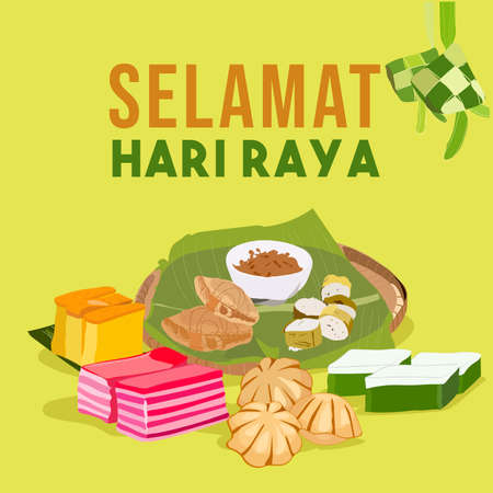 Traditional Malay Food and kuih during Ramadan and Eid Mubarak. Vector Illustration traditional malay food. Karipap, kuih lapis, bahulu, bingka ubi, rendang, lemang, ketupat. Hari raya food.のイラスト素材