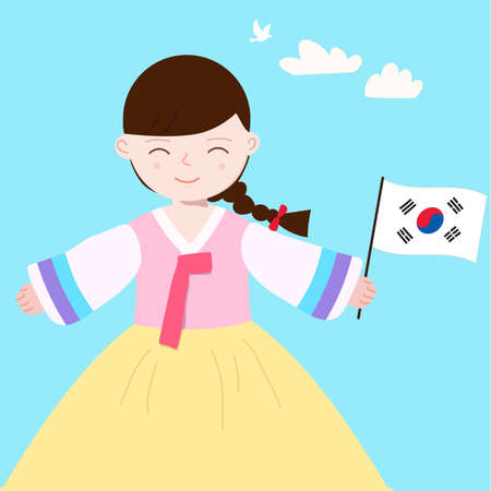 Flat vector of cute girl holding Korea flag. Girl in Korean traditional costume.のイラスト素材
