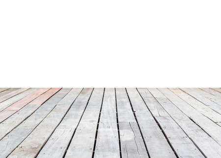 Wooden old table isolated on white background, Empty wooden brown shelf. shelves to table top.の写真素材