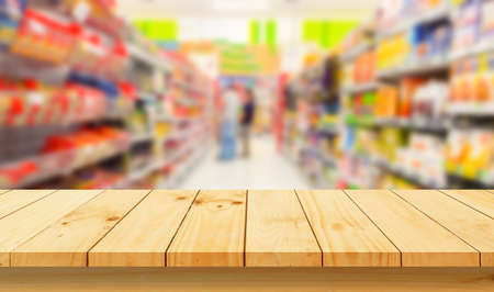 Wood floor and Supermarket blur background, Product display, template,の写真素材