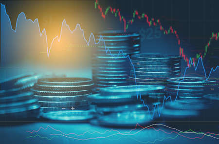Double exposure of money coin, stock market or forex trading graph and candlestick chart suitable for financial investment concept.の写真素材