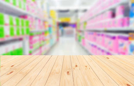 Wood floor and Supermarket blur background, Product display, template,の写真素材