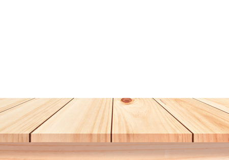 Empty top wood table isolated on white background used for display or montage your productsの写真素材