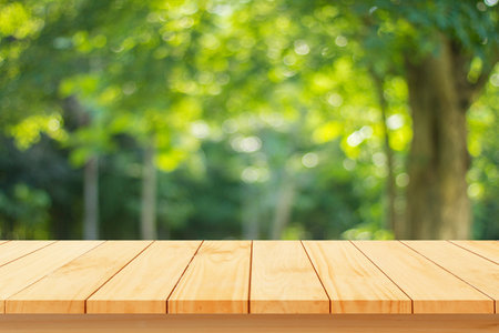 Empty wooden table over blur green forest background, product display montageの写真素材