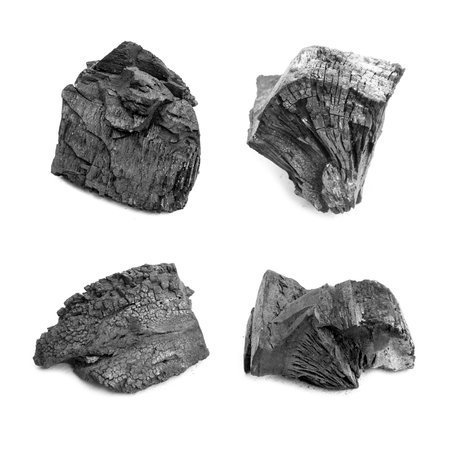 Set of pieces of coal on white background, collage. Dry woodの写真素材