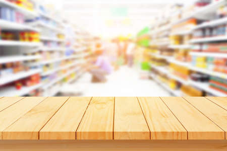 Wood floor and Supermarket blur background, Product display, template,の写真素材