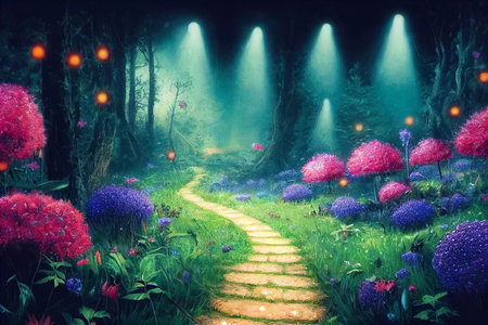 pathway to magical forest surreal fantasy landscape 3d illustrationの素材