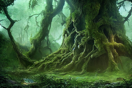 big tree hideout in deep forest fiction scene 3d illustrationの素材