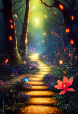 pathway to magical forest surreal fantasy landscape 3d illustrationの素材