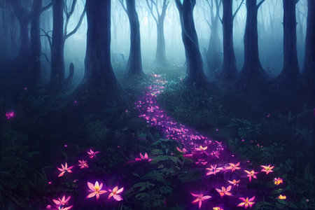 pathway to magical forest surreal fantasy landscape 3d illustrationの素材