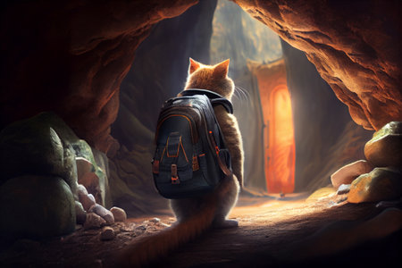 cute cat as a backpacker travel to a cave created by generative aiの素材