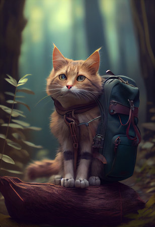 cute cat as a backpacker travel to a forest created by generative aiの素材