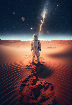 astronaut standing on alien planet desertの素材
