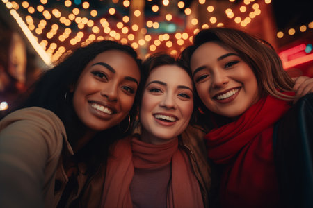 Group of young multiethnic women in casual clothes taking a selfie. Generative AIの素材