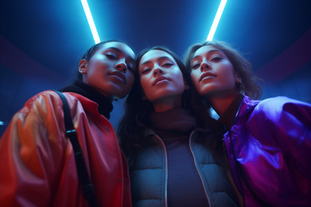 Group of young multiethnic women in fasion clothes taking a selfie. Generative AIの素材