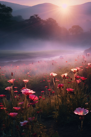 breathtaking shot of countryside flowers field in mist.の素材