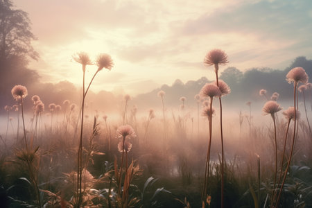 breathtaking shot of countryside flowers field in mist.の素材