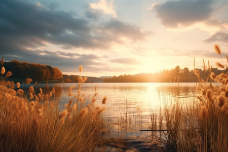 breathtaking shot of peaceful countryside lake.の素材