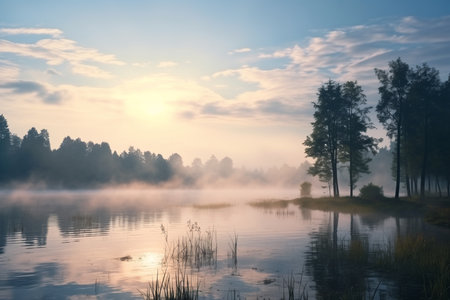 breathtaking shot of peaceful countryside lake in mist.の素材