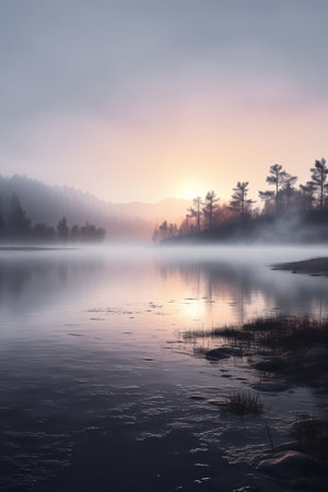 breathtaking shot of peaceful countryside lake in mist.の素材