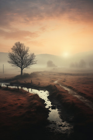 breathtaking shot of peaceful countryside lake in mist.の素材