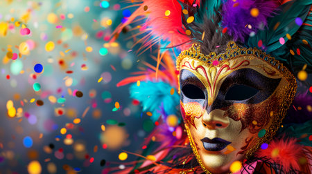 Carnival mask with colorful feathers and confetti background.の素材