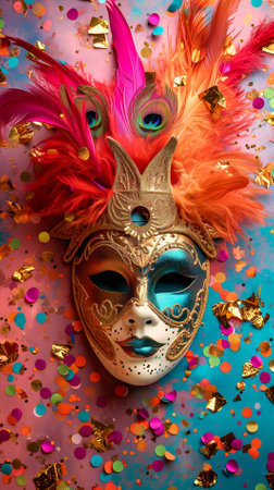 Carnival mask with colorful feathers and confetti background.の素材
