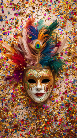 Carnival mask with colorful feathers and confetti background.の素材