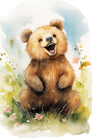 watercolor painting of cute bear smiling. high quality illustration for kid.の素材