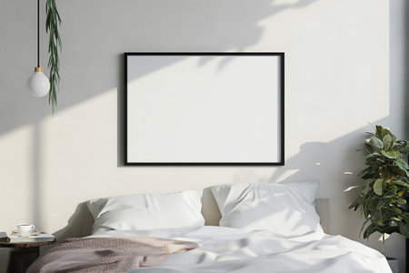 big empty frame wall art in bedroom mock up.の素材