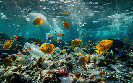 plastic waste underwater with sea lifeの素材