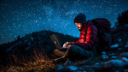 A digital nomad with just a backpack and a laptop sits in the middle of a peaceful,starry night landscape,surrounded by mountains and a vast,glittering galaxy above.の素材