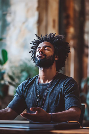 Handsome African American Man Sitting at His Desk,Meditating with a Timer and Calming Music to Practice Mindfulness and Improve Mental Health as Part of His Healthy Lifestyle Routineの素材