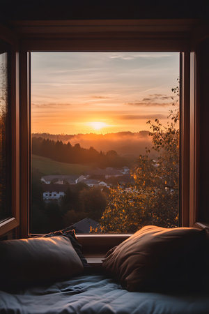 Warm and Soothing Sunrise View Over a Picturesque Village Landscape,Enjoyed from the Comfort of a Cozy Window Seat - A Scene of Peaceful Tranquility and Rustic Charm.の素材